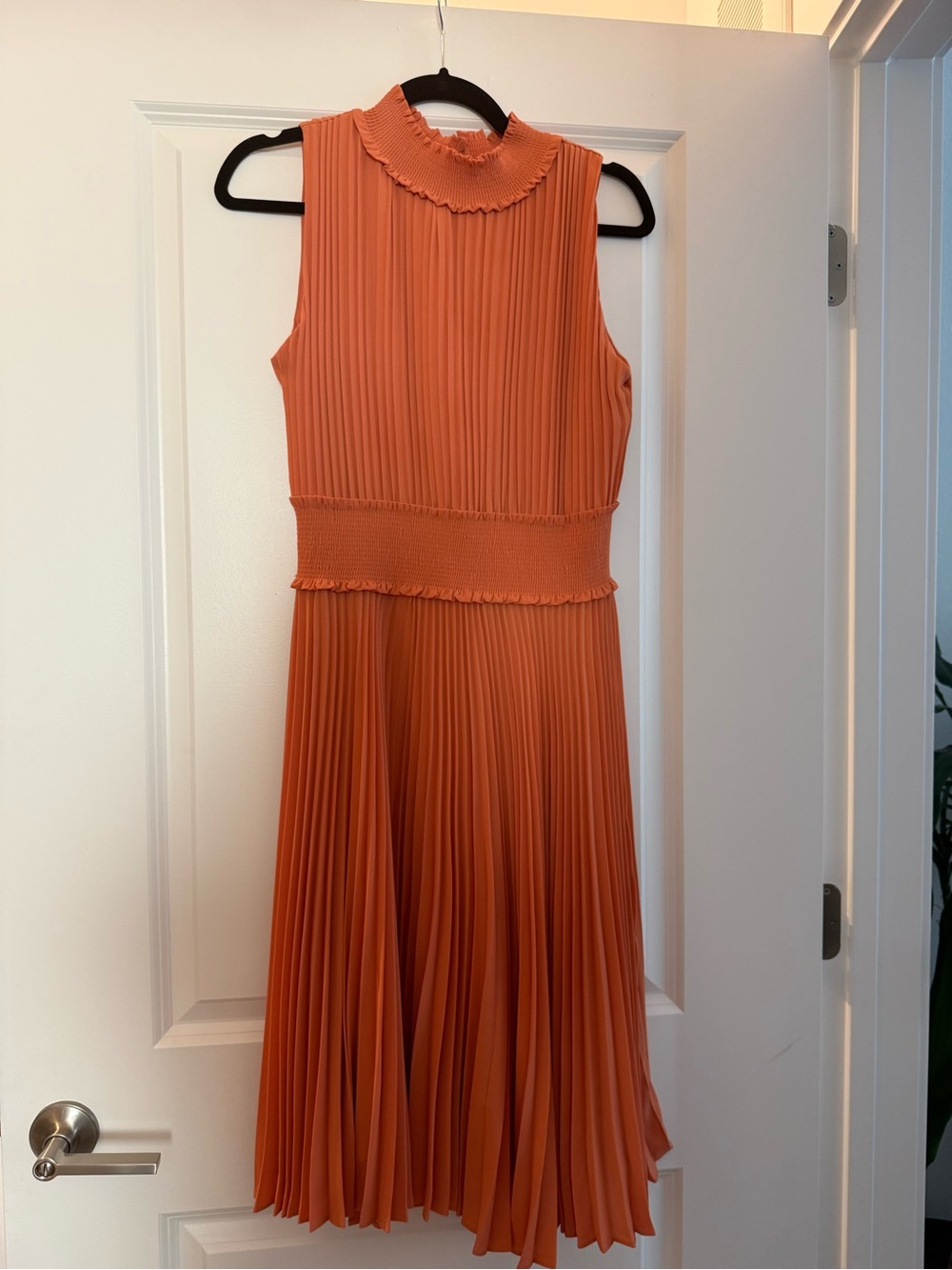 Nannette Orange Pleated Sleeveless Midi Dress